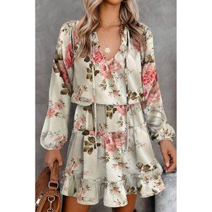 Beige Floral Split Neck Cinched Waist Ruffle Mini Dress